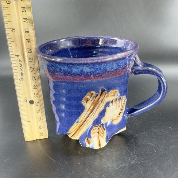 Hand Made Abstract Coffee Mug Cup Cobalt Blue Pottery Mug Artist Signed Bottom - Picture 5 of 16